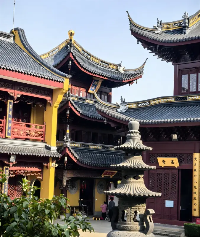Close-up detail at Xiahaimiao Temple in Shanghai, showing traditional architecture and Zen decorations.