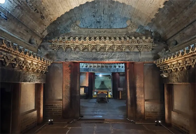 Entrance to the underground palace of Xiwang Tomb at the Ming Shu Royal Tombs, showing ancient stone passages and Ming-era design.