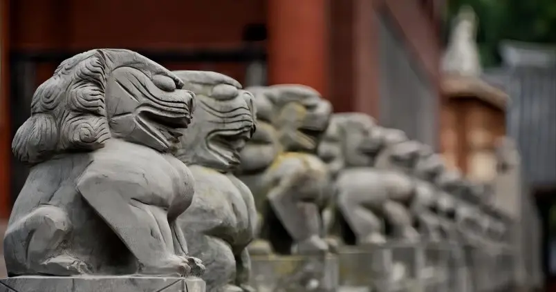 Stone lion sculpture at Zhaojue Temple in Chengdu