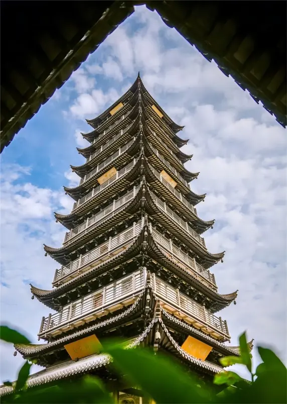 The Buddhist pagoda of Zhenru Temple in Shanghai, a landmark structure beside the prayer wheel plaza.