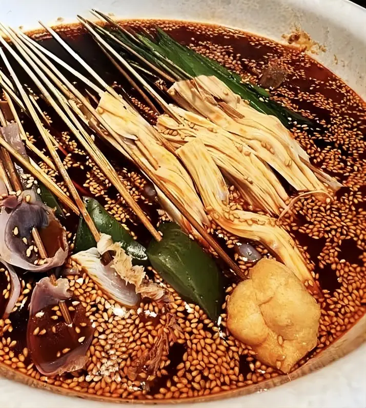 Cold spicy skewers (Bobo Chicken) at Jianshe Road Night Market, Chengdu street food