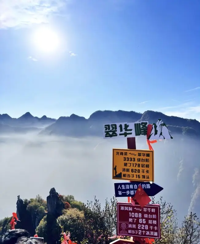 Hiking trail sign near the summit of Cuihua Mountain, marking routes to Tianchi Lake and scenic viewpoints