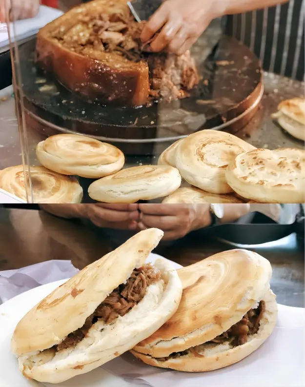 Street-side preparation of Xi’an Roujiamo, showing the meat, bun, and finished sandwich