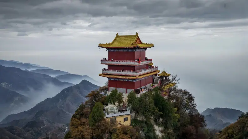 Aerial view of Nanwutai on Zhongnan Mountain showing five peaks and forested valleys