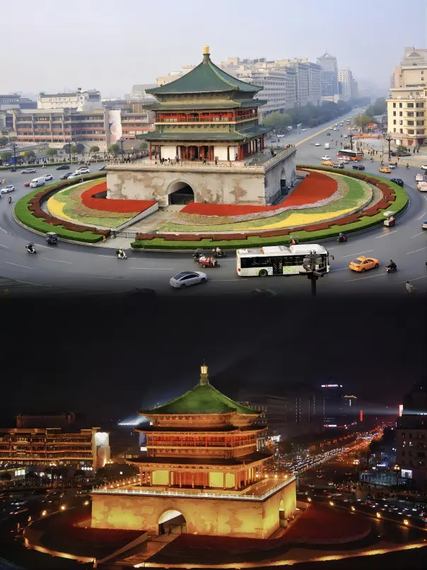 Xi’an Bell Tower shown in a day and night view, one of the city’s most iconic landmarks