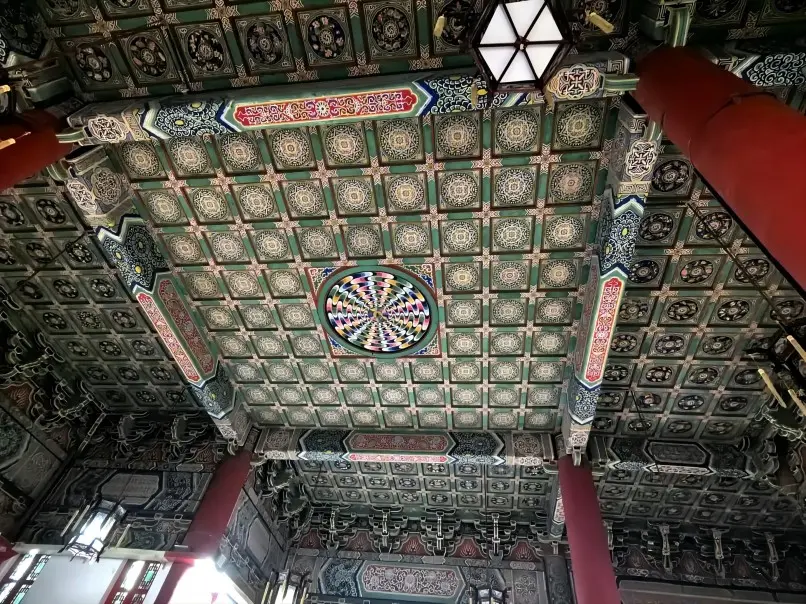 Interior of Xi’an Bell Tower featuring colorful painted ceilings and traditional Ming Dynasty decorations