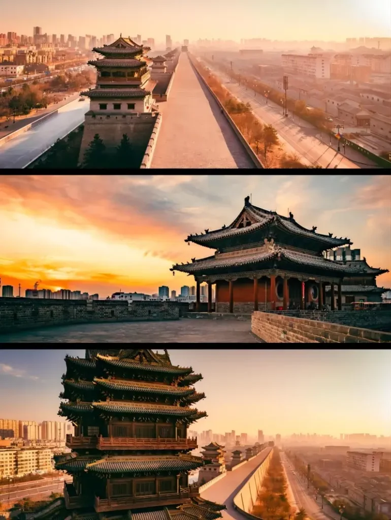 Collage of aerial views of Datong Ancient City Wall, one of the best-preserved defense systems in China.
