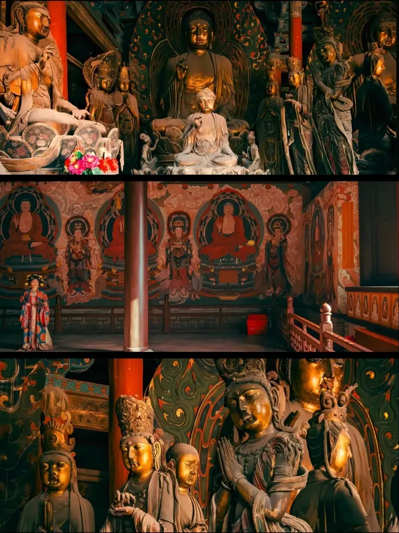 Collage of the Buddha statue enshrined inside Huayan Temple, a symbol of the Liao Dynasty's spiritual heritage.