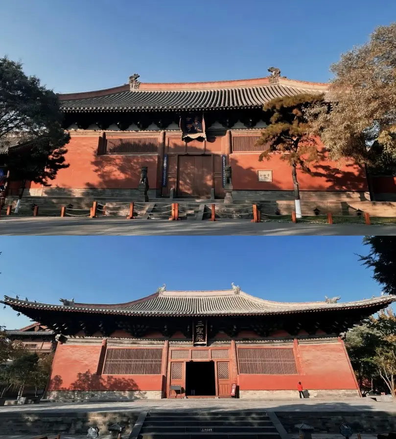 Collage of Shanhua Temple's Main Hall, featuring traditional Liao Dynasty architecture and serene atmosphere.
