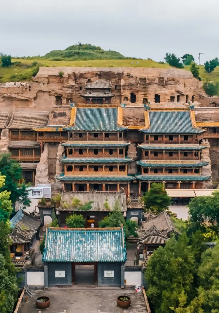 Aerial view of Yungang Grottoes, a UNESCO World Heritage Site, with its majestic Buddhist caves and statues.