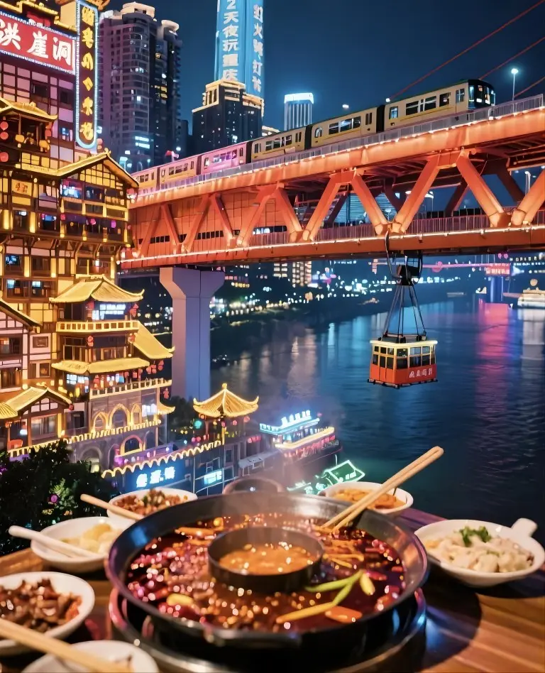 Chongqing hot pot near Hongyadong with river night view