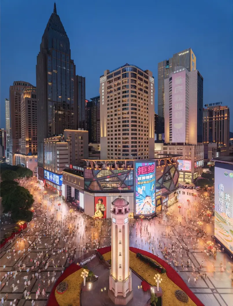 Night view of Jiefangbei CBD with illuminated skyscrapers in Chongqing city center