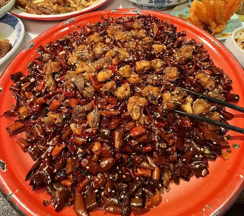 Chongqing spicy chicken (laziji) with dried chilies and Sichuan peppercorns
