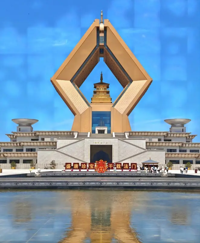 The 148-meter Namaste Stupa at Famen Temple, designed in the shape of hands pressed together in prayer