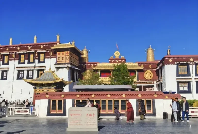 Panoramic view of Jokhang Temple entrance in Lhasa, the most sacred temple in Tibetan Buddhism