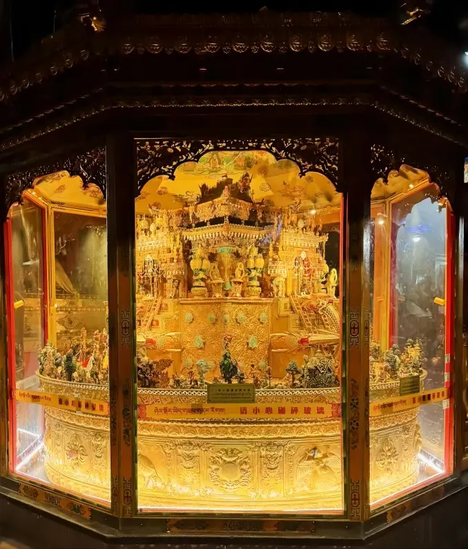 Golden Yamantaka mandala displayed inside Jokhang Temple, an important symbol in Tibetan Buddhist ritual practice