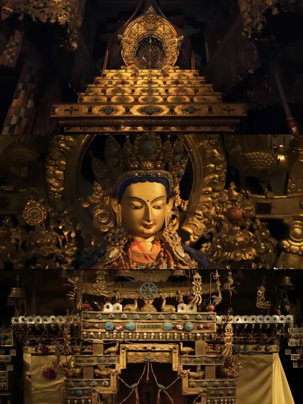 Buddha statue enshrined inside Potala Palace, surrounded by traditional Tibetan Buddhist decorations and offerings.