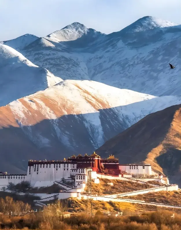 Sunset view of Potala Palace with snow-covered mountains in the background, glowing under warm evening light.