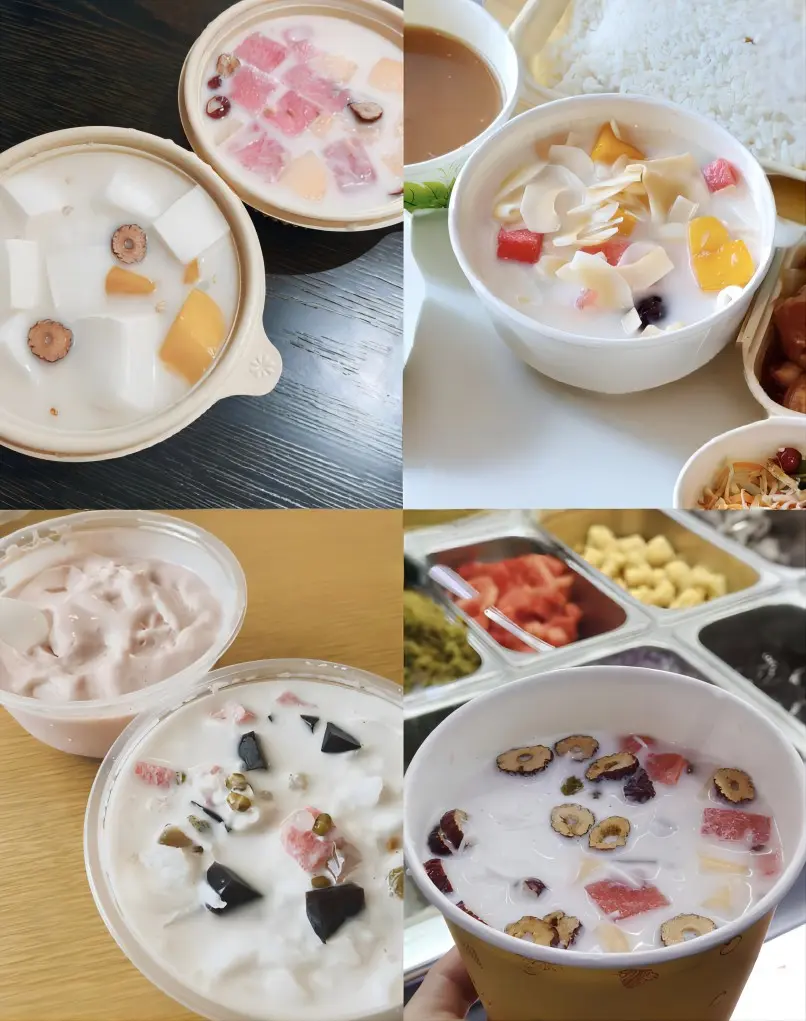 Assorted bowls of Qingbu Liang, tropical Sanya dessert with coconut milk, fruits, beans, and jelly