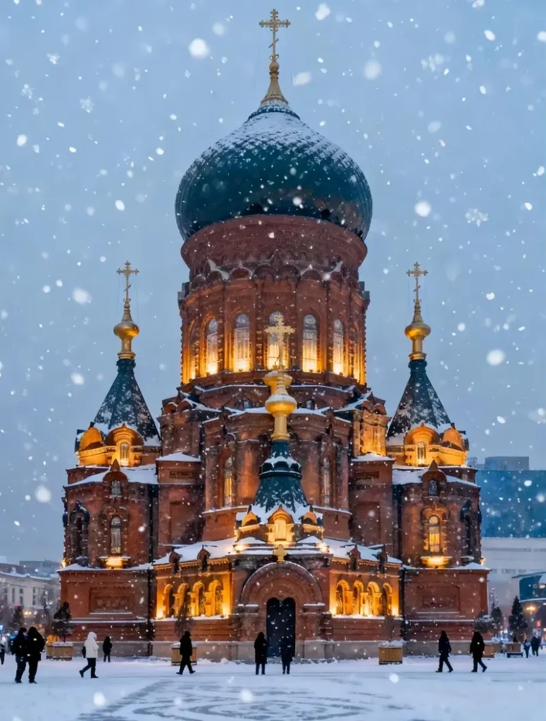 Saint Sophia Cathedral in Harbin covered in snow during winter