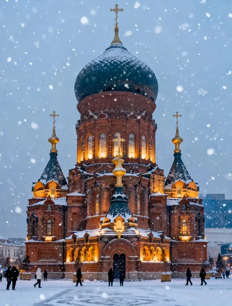 Saint Sophia Cathedral in Harbin covered in snow during winter