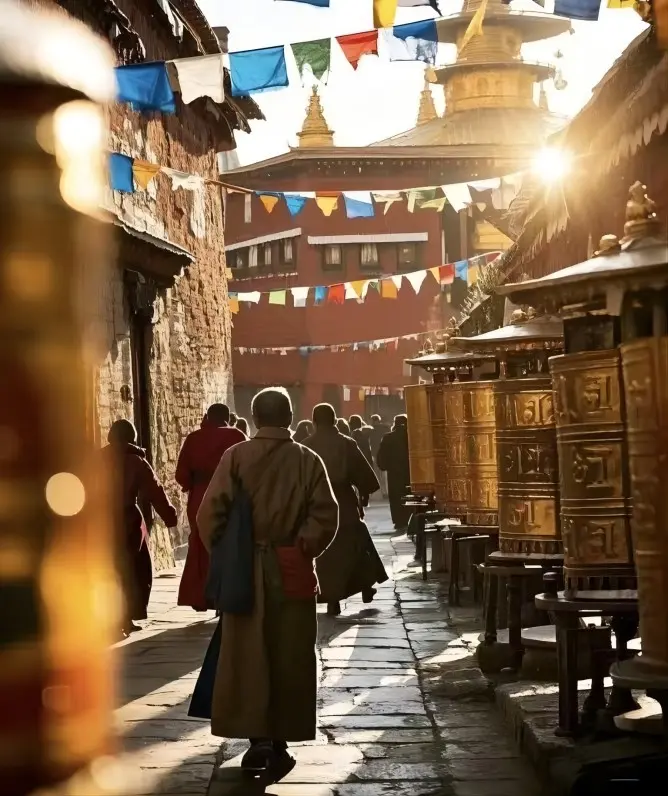 Tibetan prayer wheels along the corridor of Jokhang Temple, spun clockwise by visiting pilgrims