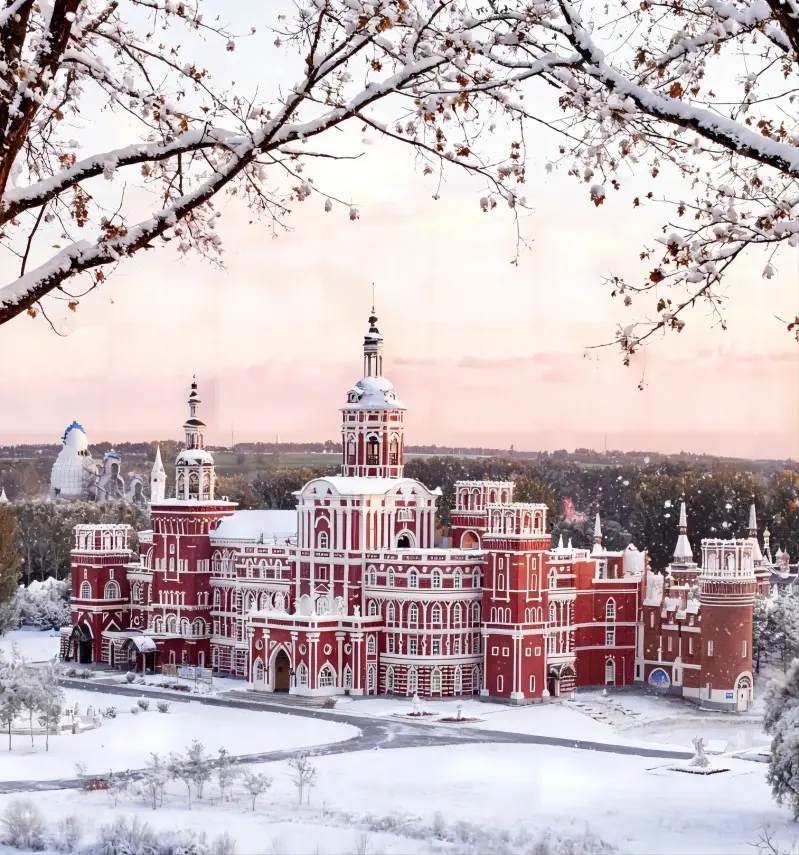 Volga Manor in Harbin covered in snow during winter, featuring Russian-style architecture