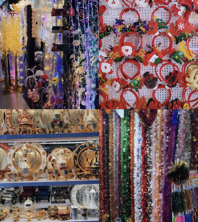 Yiwu small commodities collage with an assortment of household items, gifts, and crafts available in the global marketplace.