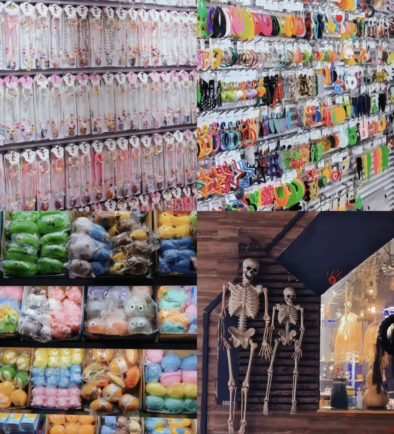 A collage highlighting Yiwu’s vast selection of small goods, including decorations, tools, and fashion items from all over the world.