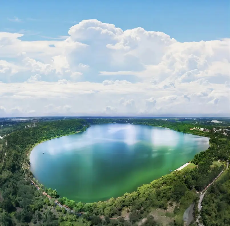 Aerial view of Huguangyan Maar Lake Geopark in Zhanjiang, China