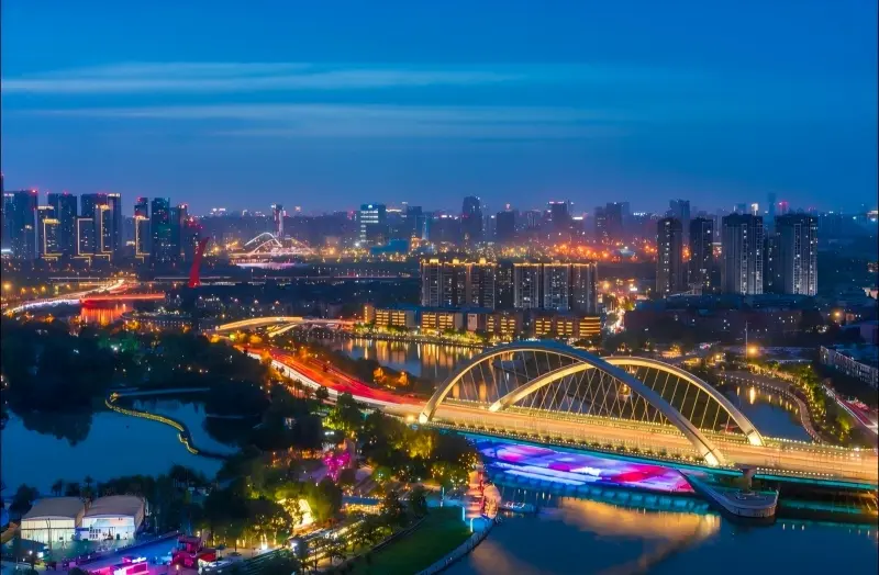 Chengdu city skyline at night with lights and modern urban landscape