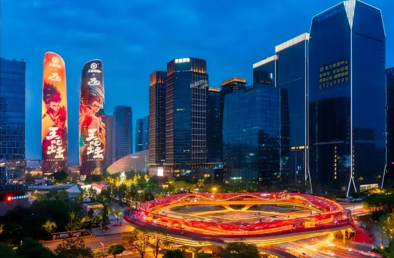 Chengdu Financial City Twin Towers night view skyline with illuminated skyscrapers