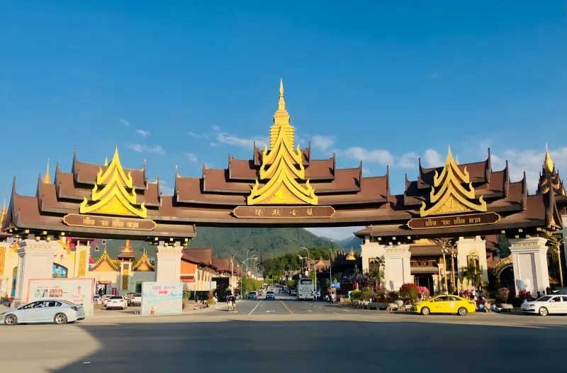 Entrance of Dai Ancient Town in Mangshi, a popular cultural and night market area.