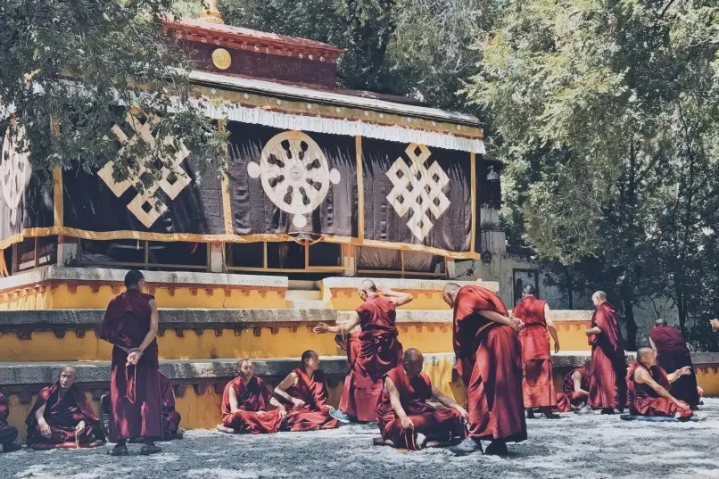 Monks engaging in the famous debating tradition at Sera Monastery in Lhasa.