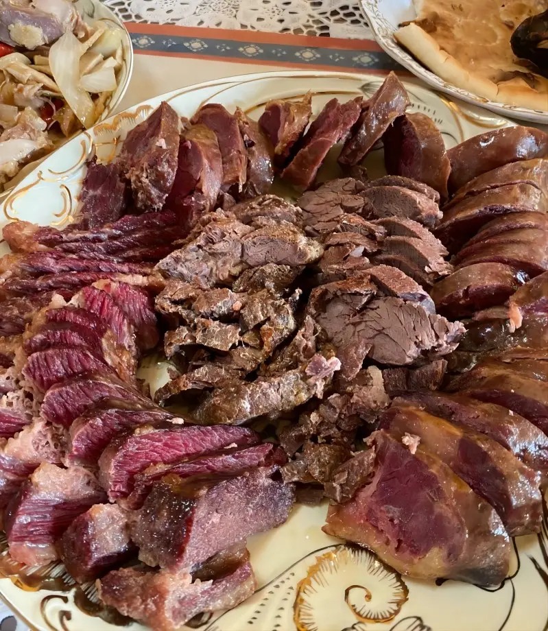 Smoked horse meat and horse sausage, a traditional Kazakh winter delicacy in Yining