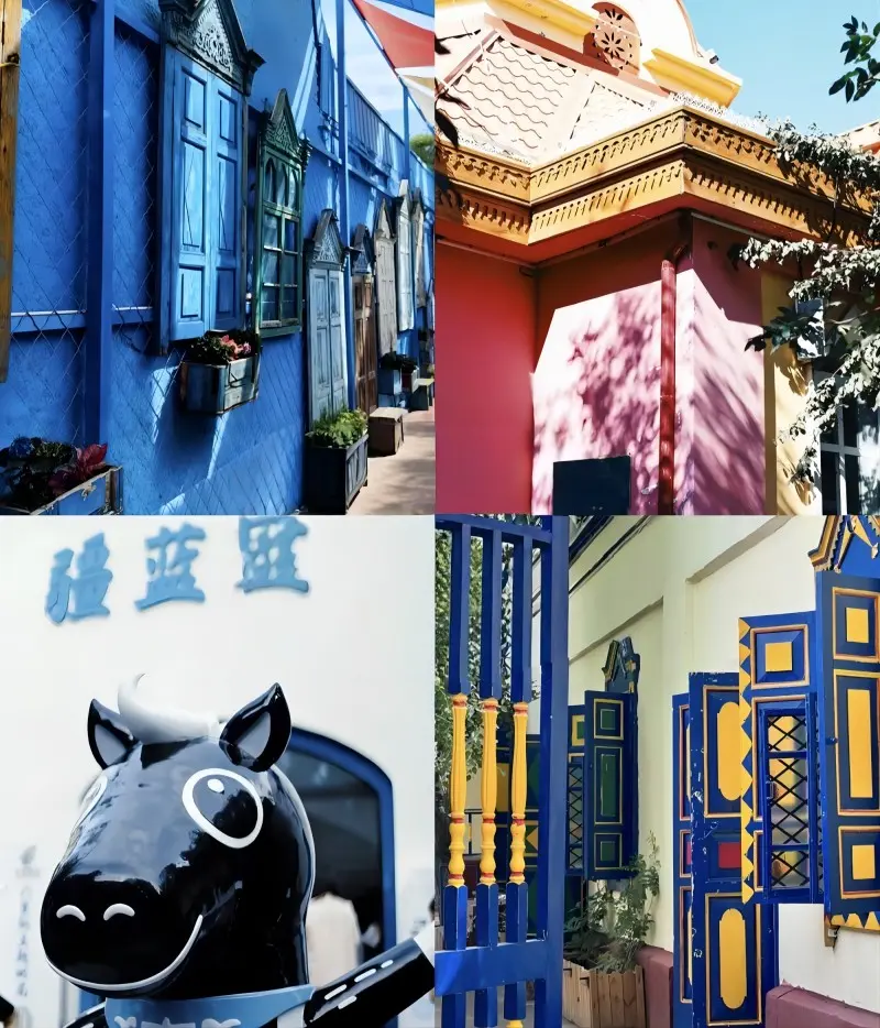 Interior collage of Six Star Street, Yining, showing colorful houses, handcraft shops, and accordion music atmosphere