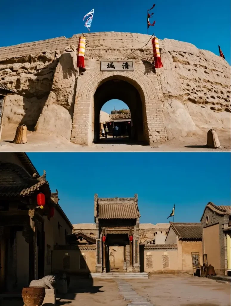 Collage of Zhenbeibao Western Film Studio, a popular filming location for historical movies.