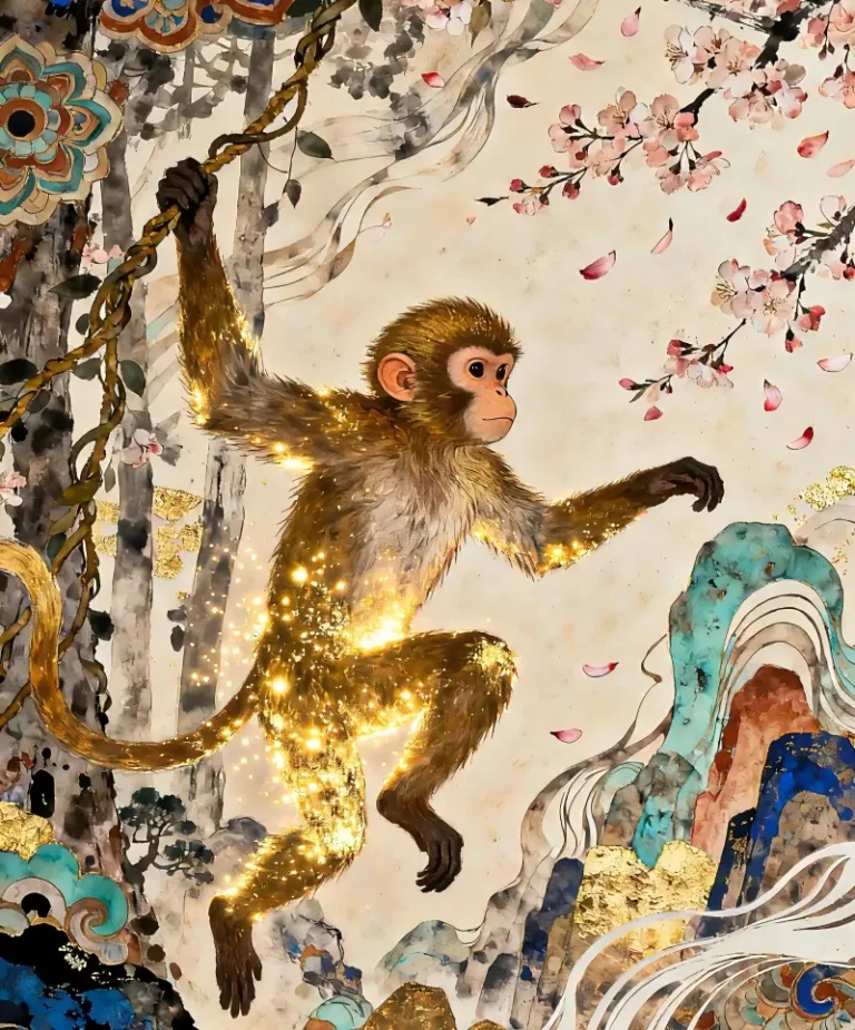 Traditional Chinese ink painting of the Monkey zodiac sign in weekly horoscope.
