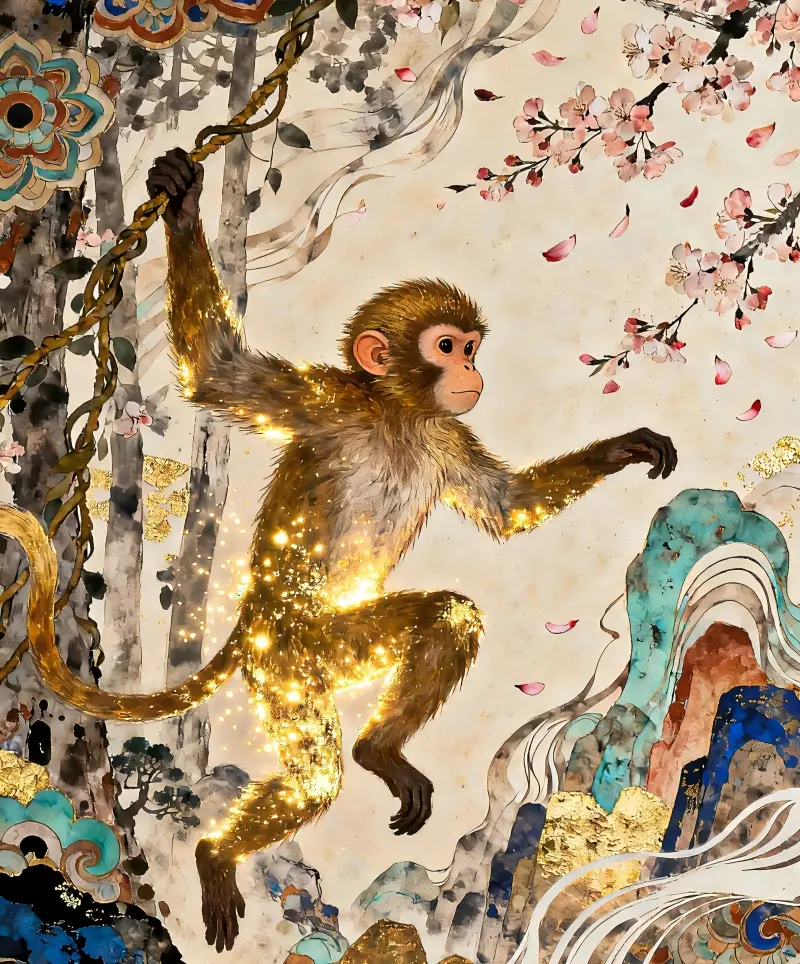 Traditional Chinese ink painting of the Monkey zodiac sign in weekly horoscope.