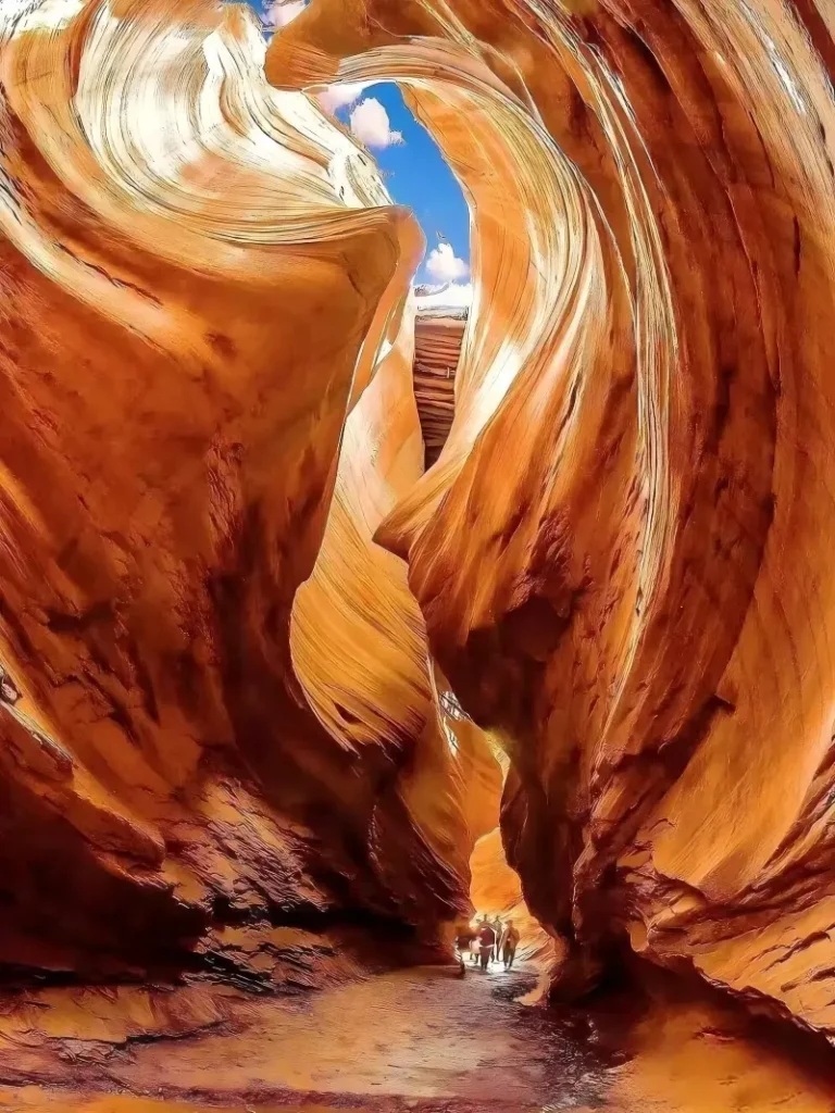 Visitor walking through sunlight beams inside Yucha Grand Canyon