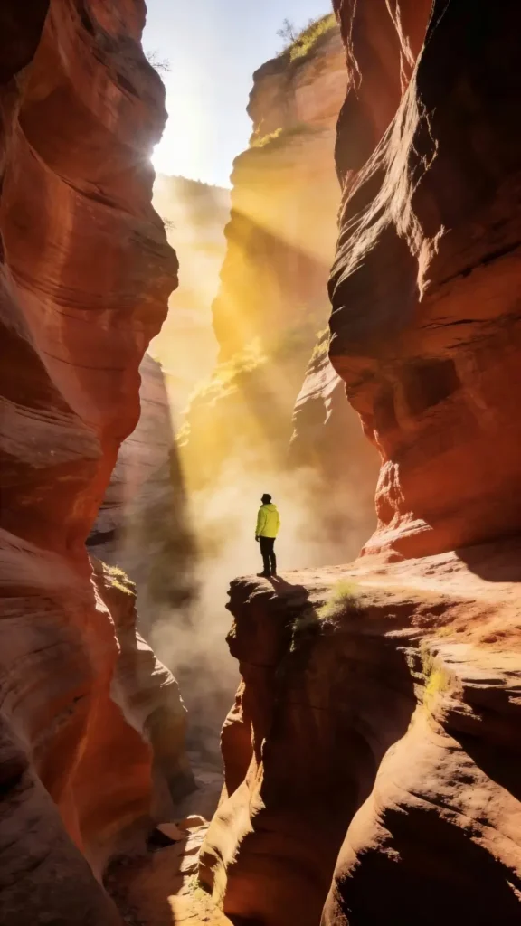 Visitor looking up at the towering sandstone walls of Yucha Grand Canyon