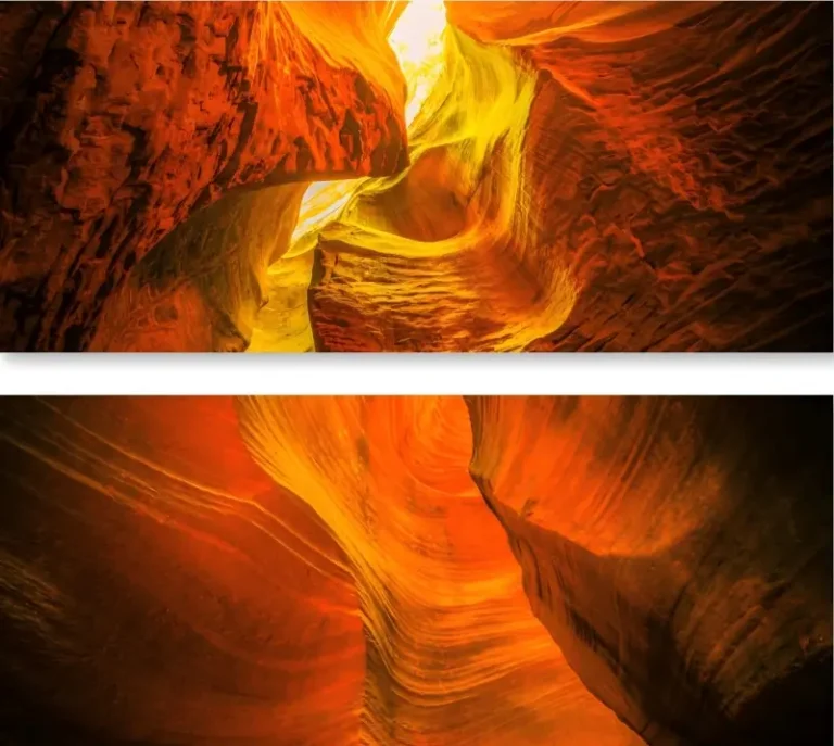 Collage of Yucha Grand Canyon glowing under red sunset light in northern Shaanxi