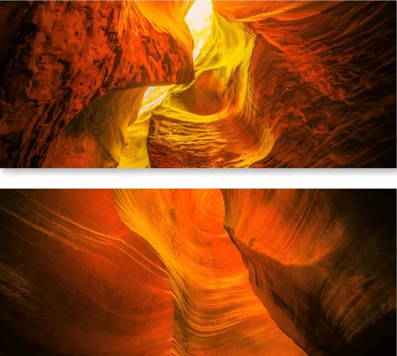 Collage of Yucha Grand Canyon glowing under red sunset light in northern Shaanxi