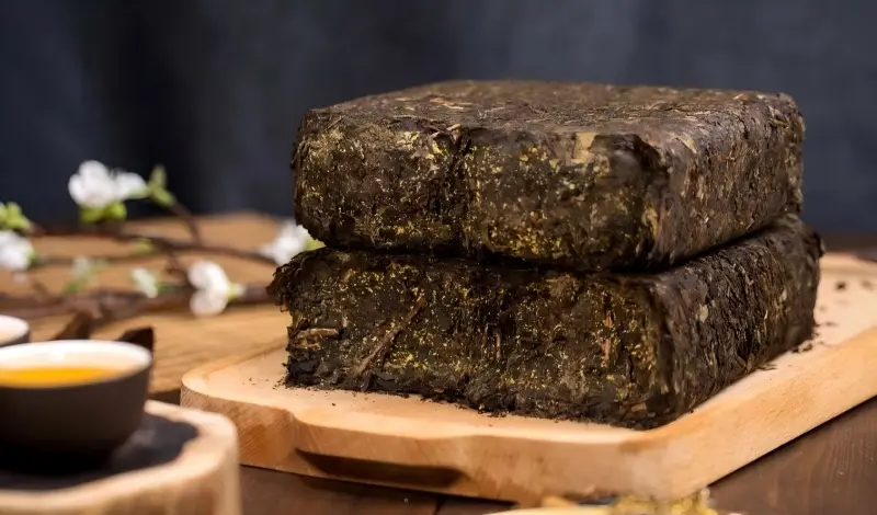 Close-up of Fucha tea brick showing rich texture and color