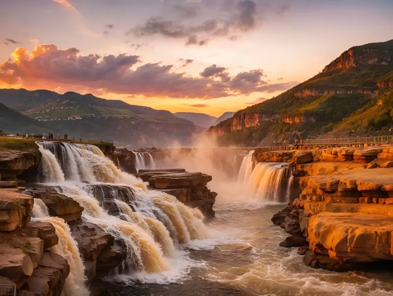 The waterfall appears even more striking as evening sunlight reflects off the sediment-rich Yellow River.