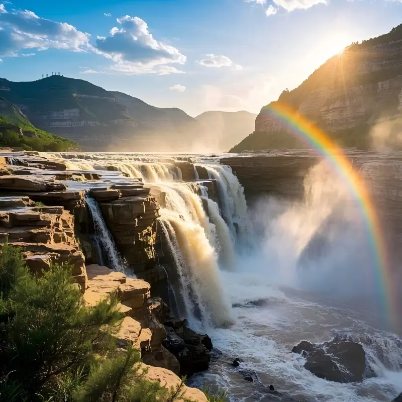 Sunlight and mist often create beautiful rainbows above Hukou Waterfall during clear weather.
