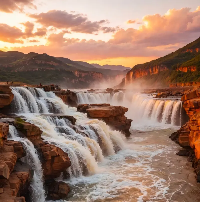 The Yellow River glows with golden reflections as sunset light spreads across Hukou Waterfall.