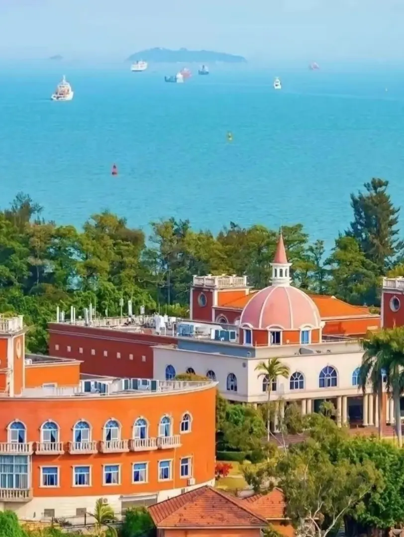 Aerial view of Gulangyu Island and Xiamen city skyline in China