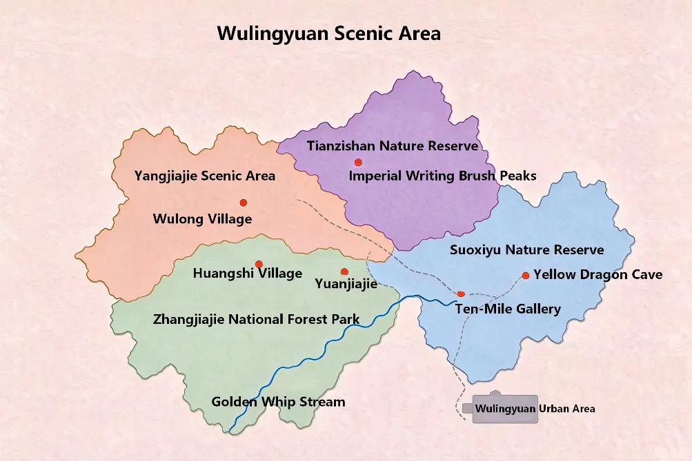 Orientation map showing the four main zones of Zhangjiajie Wulingyuan Scenic and Historic Interest Area: Zhangjiajie National Forest Park, Tianzi Mountain, Yangjiajie, and Suoxi Valley.