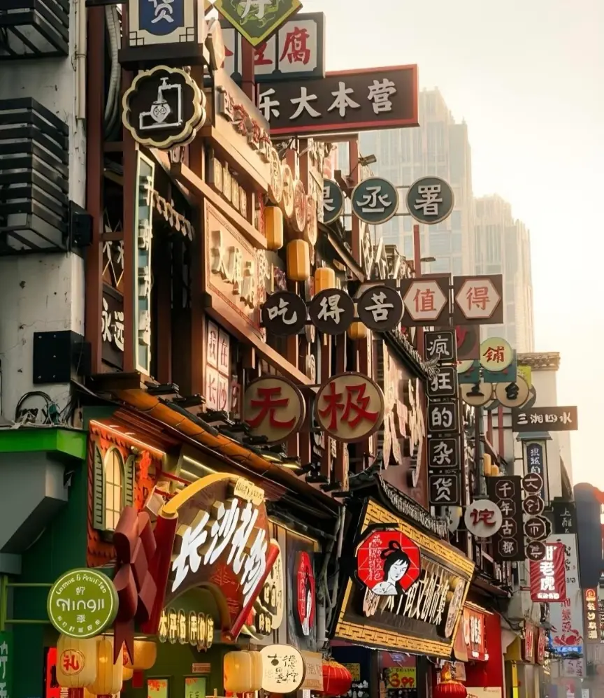 Taiping Street in Changsha lit up at night, with traditional-style buildings and busy shops.